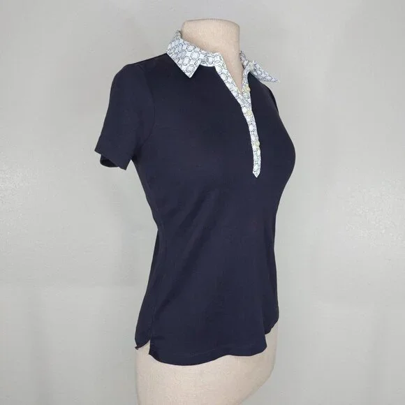 Lands End Womens XS Petite Polo Shirt Short Sleeve Navy Print Collar - Picture 8 of 12